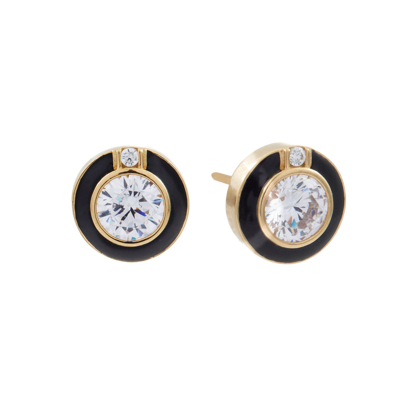 Chloe Gold Plated Black Enamel and Clear Cubic Zirconia Art Deco Studs