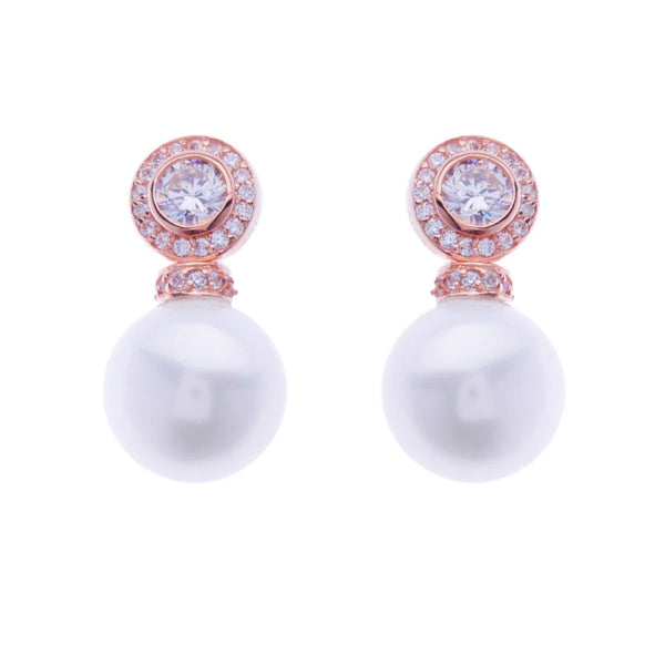 Becca Round pearl drop rose gold earrings with CZ studs