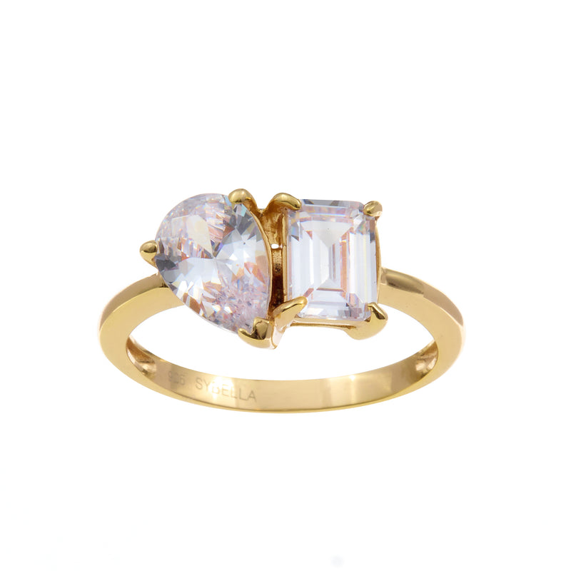 Jenny Gold Plate Clear Baguette and Pear Shaped CZ Ring