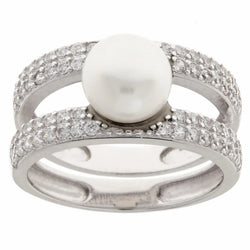 Adelaide Rhodium cz & freshwater pearl double band ring