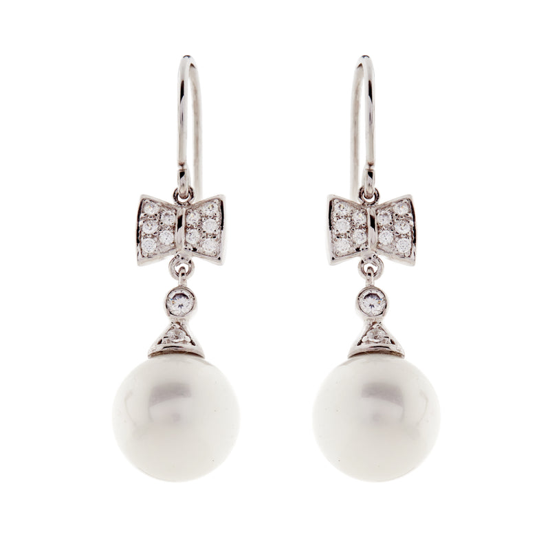 Cora Rhodium cz bow & 12mm pearl drop earrings